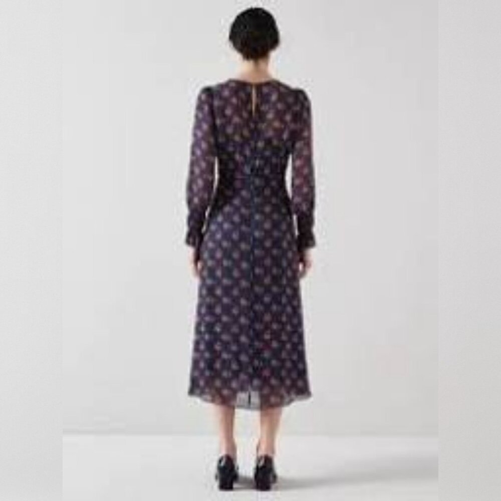 LK BENNETT Wren Blu-navy Multi Crewneck Floral-print Woven Midi Dress Sz 8 - Picture 2 of 8